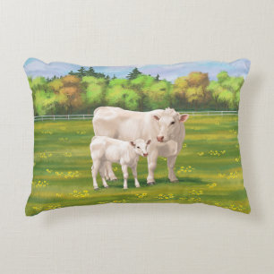 White Charolais Cow & Cute Calf Beef Cattle Prydnadskudde