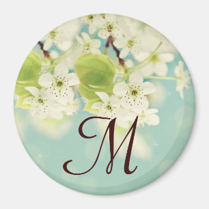 White Cherry Blommar Flowe Monogram Initial Magnet