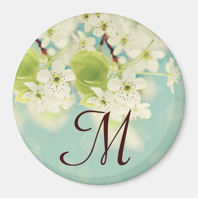White Cherry Blommar Flowe Monogram Initial Magnet (Framsidan)