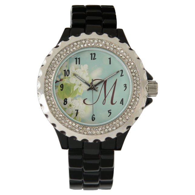 White Cherry Blommar Flower Blommigt Träd Watch Armbandsur (Framsida)