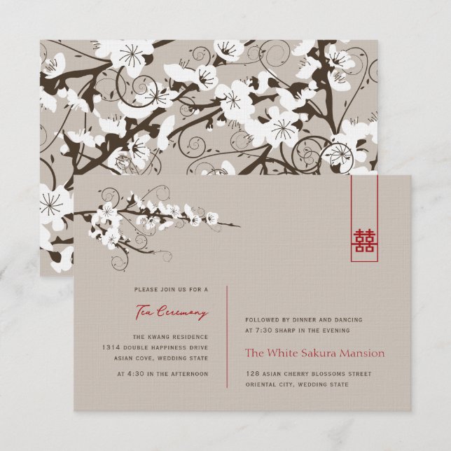 White Cherry Blommars Asian Wedement Reception Inbjudningar (Fram/baksida)
