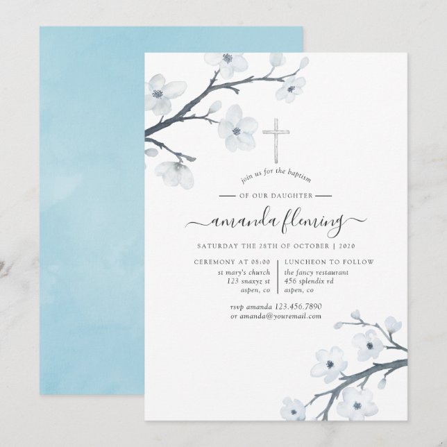 White Cherry Blommars Baptism eller Christening Inbjudningar (Fram/baksida)