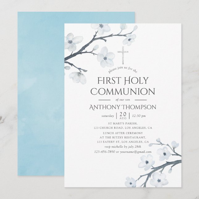 White Cherry Blommars First Heliga Communion Inbjudningar (Fram/baksida)