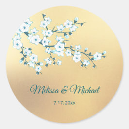 White Cherry Blossom Gold Runt Klistermärke