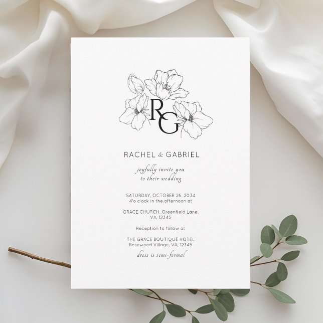 White | Chic Monogram Wedding Invitation Card Spara Datumet (Skapare uppladdad)