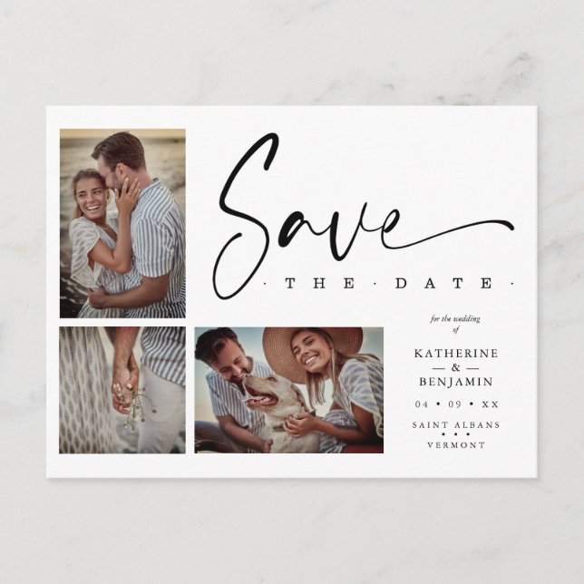 White Chic Trendig Collage Bröllop 3 Foton Vykort (Framsida)