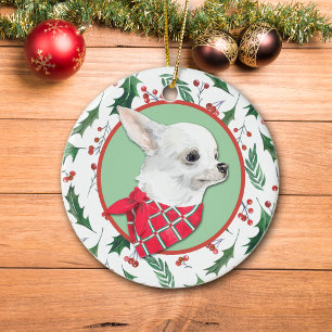 White Chihuahua Hund Holly Gräns Julgransprydnad Keramik