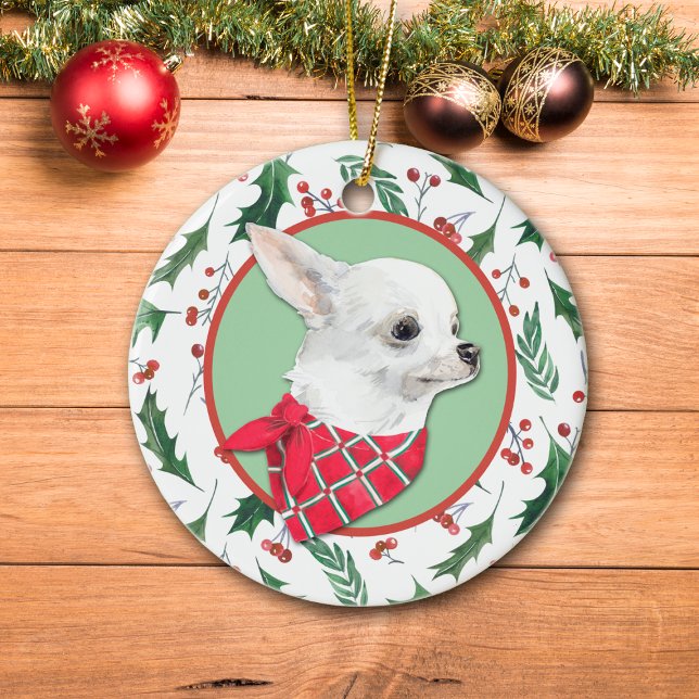 White Chihuahua Hund Holly Gräns Julgransprydnad Keramik (Skapare uppladdad)