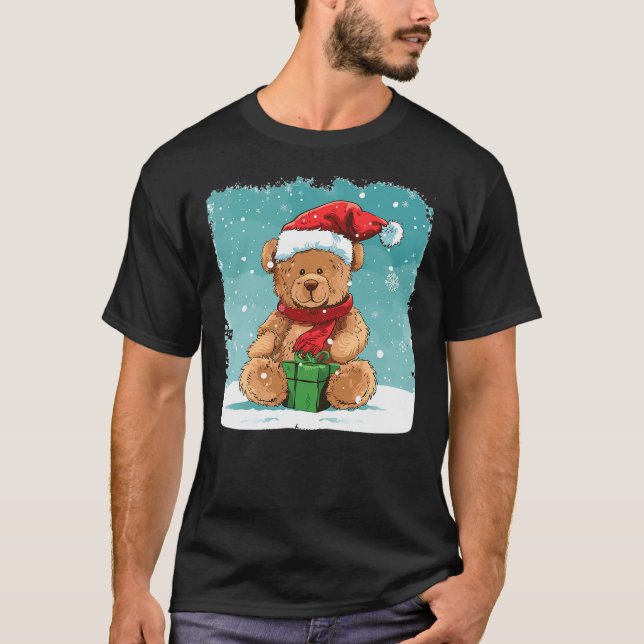 White Christmas and funny Teddy Bear with Santa Cl T Shirt (Framsida)