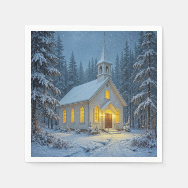 White Christmas Chapel In Winter Pines Pappersservett (Framsidan)