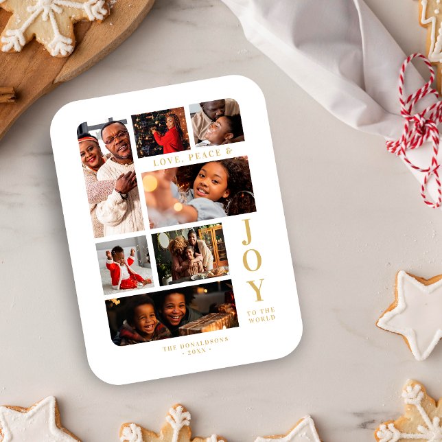 White Christmas Classic 7 Multi Photos Collage Magnet (White and Fake Gold Christmas Peace Love & Joy To the World Quote Classic 7 Multi Photos Collage.)