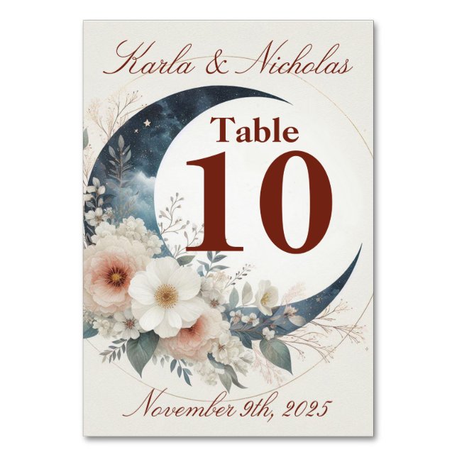 White & Cinnamon Moonblomma Bröllop Bordsnummer (Framsidan)