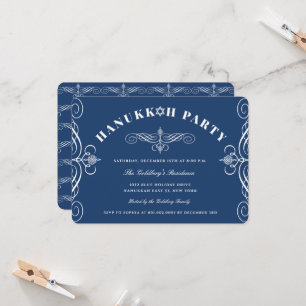 White Classic Scrollss Blue Hanukkah Julfest Inbjudningar