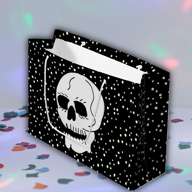 White Classic Skull Halloween Goth (White skull on black gift bag with white polka dots.)