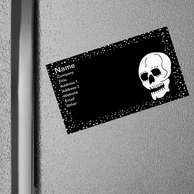 White Classic Skull Halloween Goth Visitkortmagnet (White skull with white polka dot border on black magnetic business card.)