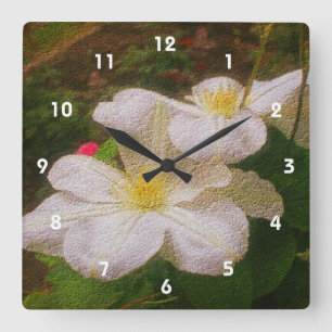 White Clematis Flower Art Fyrkantig Klocka