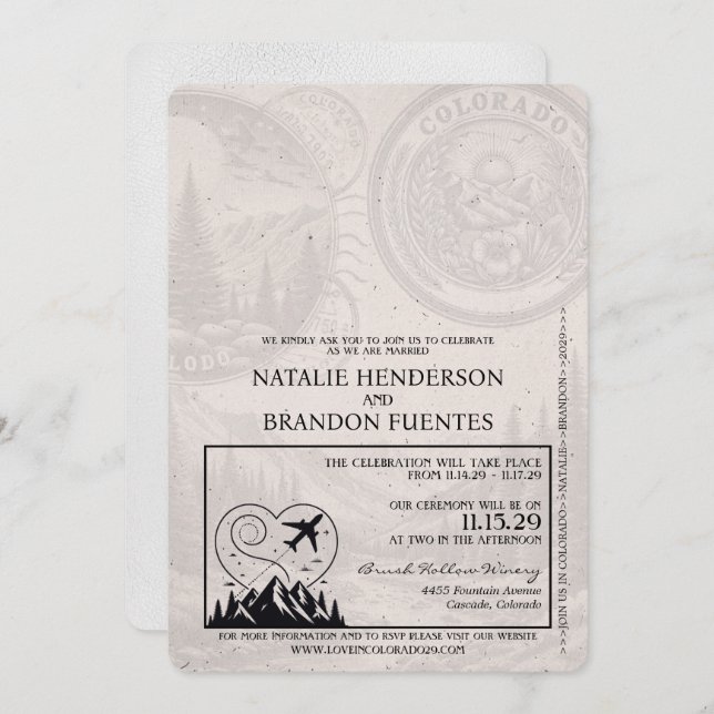 White Colorado Passport Bröllop Inbjudningar (Fram/baksida)