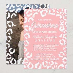 White Coral Cheetah Leopard Quinceañera Photo Inbjudningar