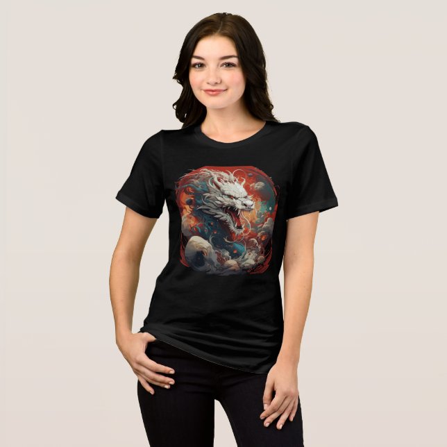 White Cosmic Dragon in Fiery Storm T Shirt (Framsida Full)