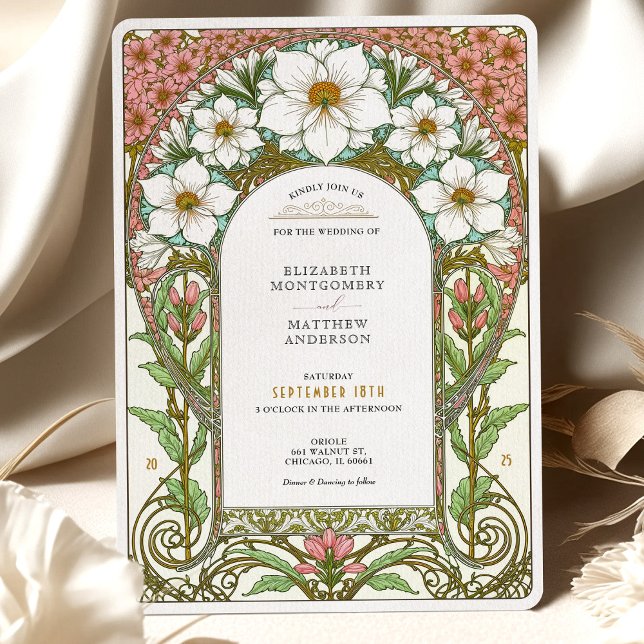 White Cosmos & Rosa Blommar Art nouveau Bröllop Inbjudningar (Skapare uppladdad)