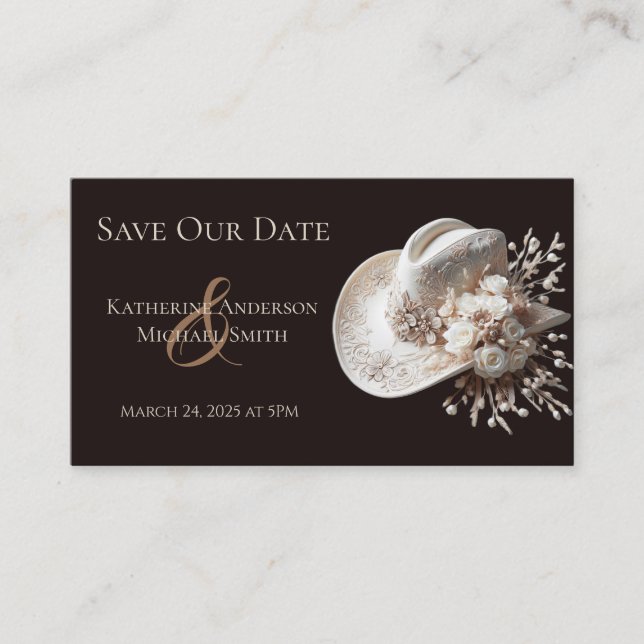 White Cowgirl Hat med Flowers Bröllop Visitkort (Framsida)