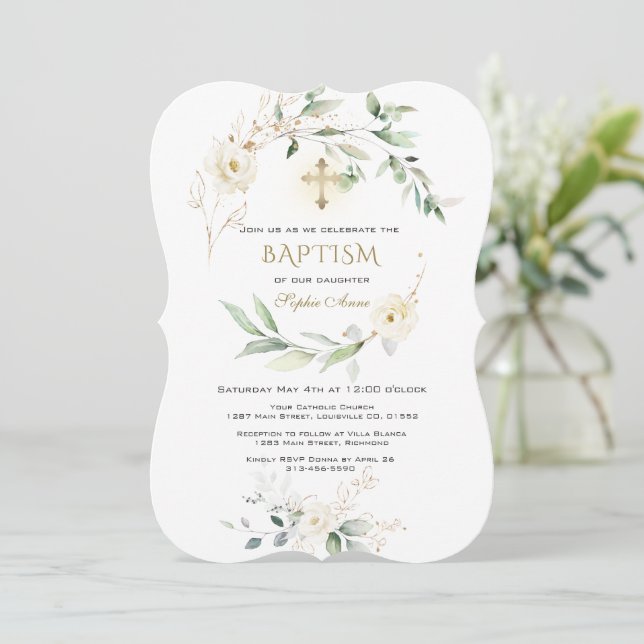 White Cream Floral Greenery Gold Cross Baptism  Inbjudningar (Stående Fram)