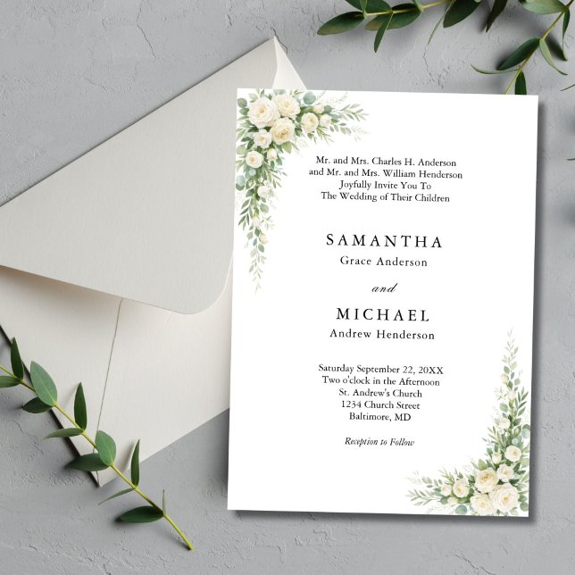 White Cream Florals Both Parents Names Wedding Inbjudningar (White Cream Watercolor Florals Roses Elegant Traditional Classic Wedding Invitation)