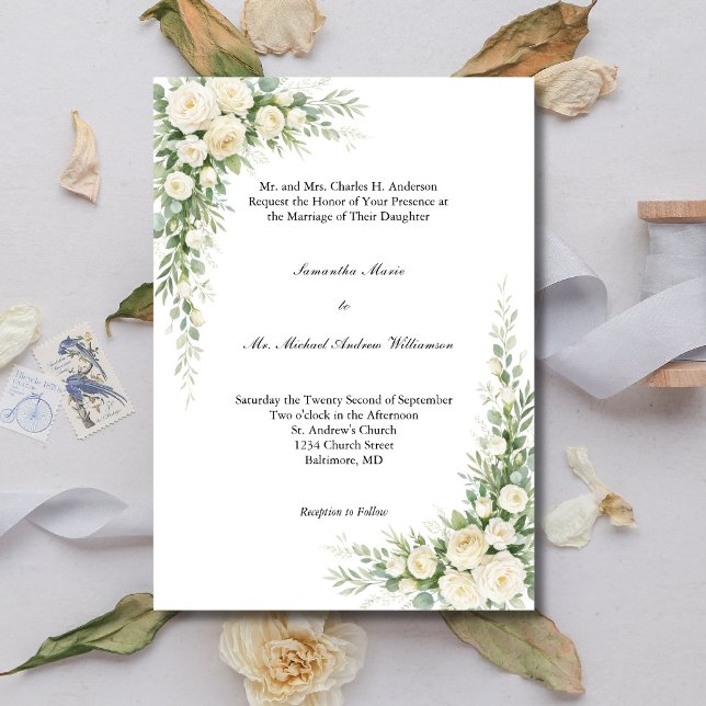 White Cream Florals Traditional Church Wedding Inbjudningar (White Cream Roses and Watercolor Florals Traditional Church Wedding Invitation)