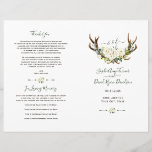 White Cream Flowers Antlers Bröllopsprogram