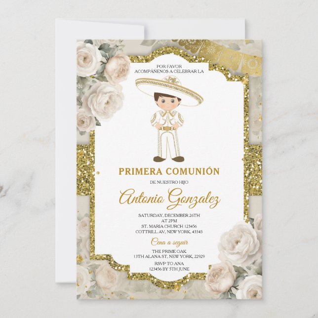 White Cream Flowers Guld Cute Boy Primera Comunión Inbjudningar (Framsida)
