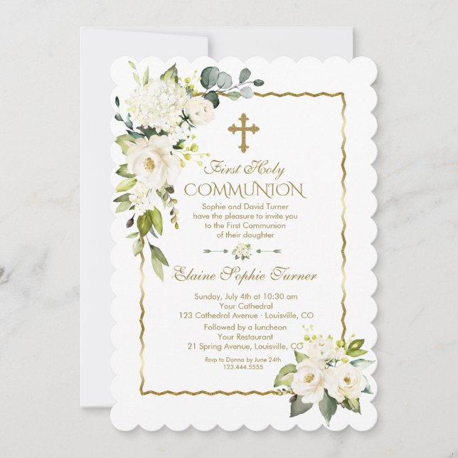 White Cream Flowers Guld First Heliga Communion Inbjudningar (Framsida)