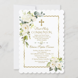 White Cream Flowers Guld First Heliga Communion Inbjudningar
