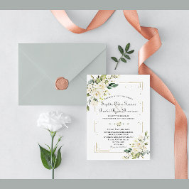 White Cream Flowers Guld Glitter Ram Bröllop Inbjudningar