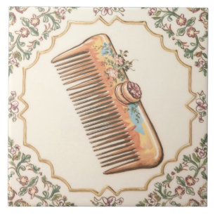White Cream & Guld Hair Comb Funny Salon Bathroom Kakelplatta