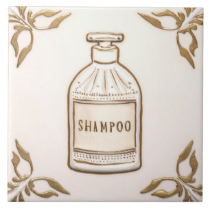 White Cream & Guld Shampoo Flaska Funny Bathroom Kakelplatta