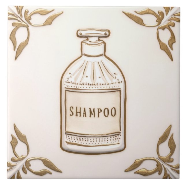 White Cream & Guld Shampoo Flaska Funny Bathroom Kakelplatta (Framsidan)