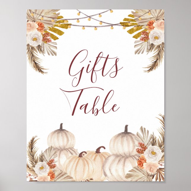 White Cream Pumpkin Blommigt Gifts Bord Sign Poster (Framsidan)