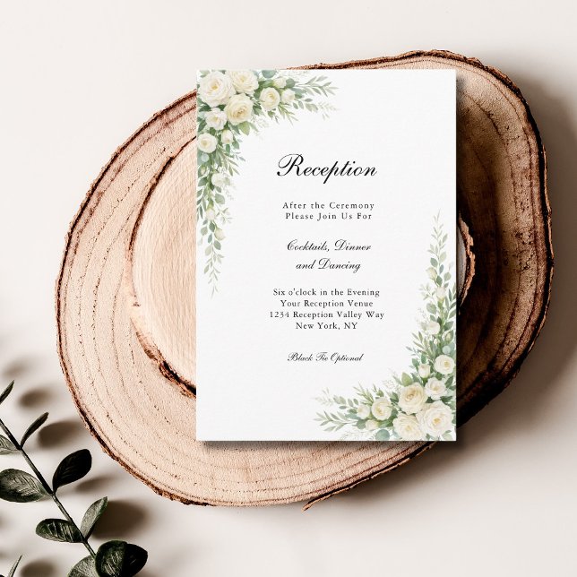 White Cream Roses Floral Wedding Reception  Tilläggskort (White Cream Watercolor Roses Wedding Reception Enclosure card)