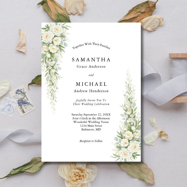  White Cream Roses Florals Wedding Modern Elegant Inbjudningar (White Cream Watercolor Roses Greenery Modern Classic Wedding Invitation)
