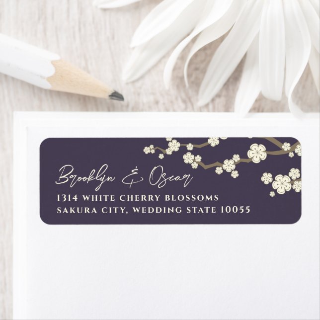 White Cream Sakura Cherry Blommars Asian Bröllop Returadress Etikett (Insitu)