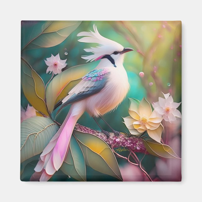 White Crested  Svan Jay Fantasy Bird Magnet (Framsidan)