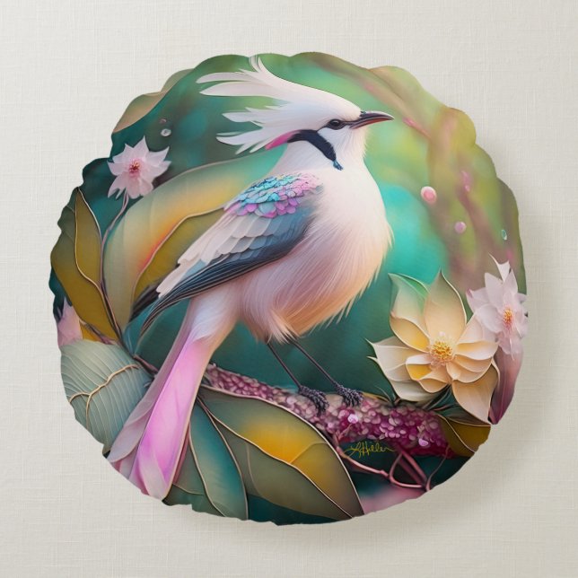 White Crested  Svan Jay Fantasy Bird Rund Kudde (Framsidan)