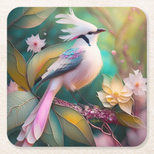 White Crested  Svan Jay Fantasy Bird Underlägg Papper Kvadrat