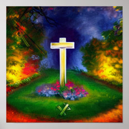 White Cross in a Garden at Night Poster