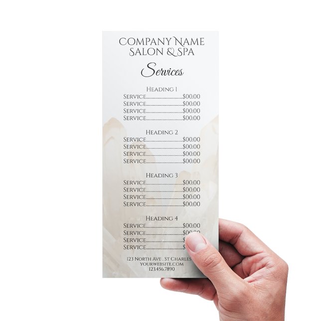 White Crystals Spa Salong Tjänstmeny Reklamkort (Skapare uppladdad)