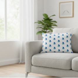 White cushion with blue boats, Nautical decorative Prydnadskudde