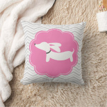 White Dachshund Rosa Grått Chevrons Nursery Pillow