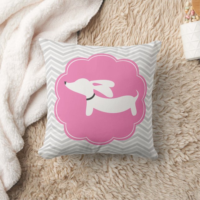 White Dachshund Rosa Grått Chevrons Nursery Pillow Kudde (Filt)