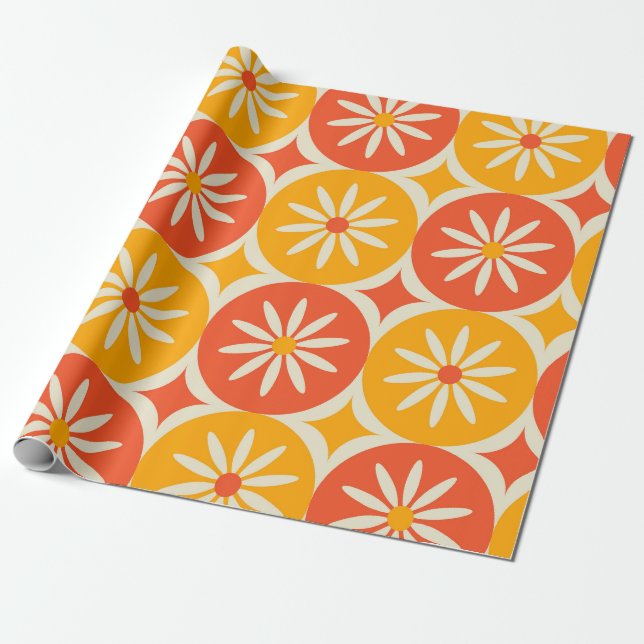 White Daises and stars on Orange Yellow circles  Presentpapper (Utrullad)