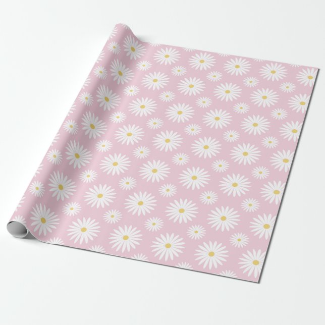 White Daisies On Pink Presentpapper (Utrullad)